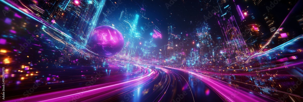 Poster experience a vibrant virtual landscape teeming with neon lights, abstract structures, and dynamic da