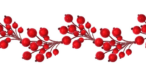 Seamless pattern. Festive garland of artificial red berries isolated on a white background. Design element for creating festive Christmas frames, borders, cards, invitations, collages.