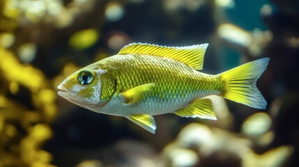 Colorful yellow fish swimming in a vibrant coral reef habitat