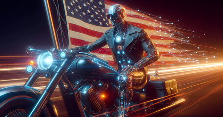 Robot on a motorcycle with an American flag. Close-up. American Flag Day. The flag is flying. Patriotism. Generated AI