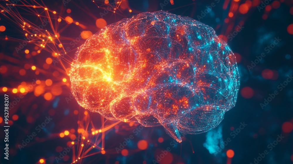 Poster Conceptual image of a brain with digital, glowing elements and interconnected lines, representing the generation and flow of new ideas.