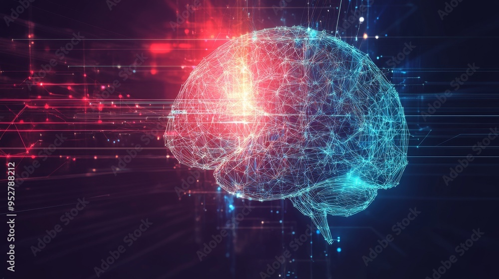 Poster Conceptual image of a brain with digital, glowing elements and interconnected lines, representing the generation and flow of new ideas.