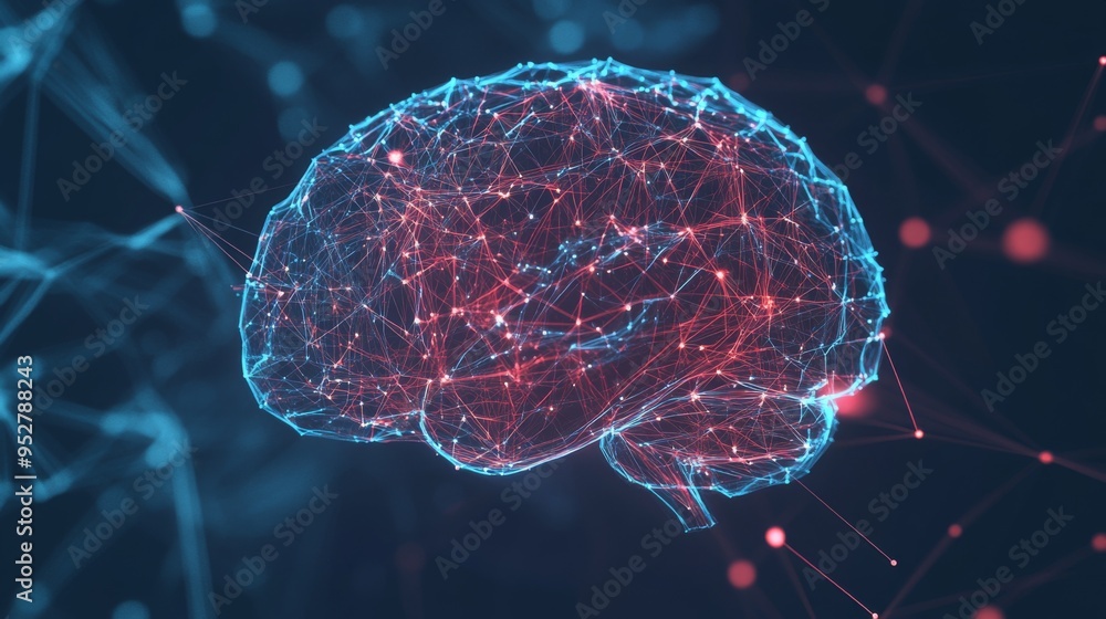 Wall mural conceptual image of a brain with digital, glowing elements and interconnected lines, representing th