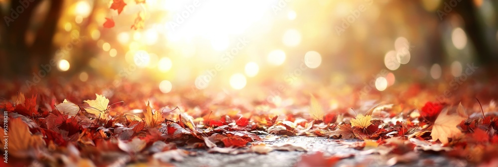 Poster vibrant red and yellow maple leaves blanket the ground, illuminated by soft sunlight filtering throu