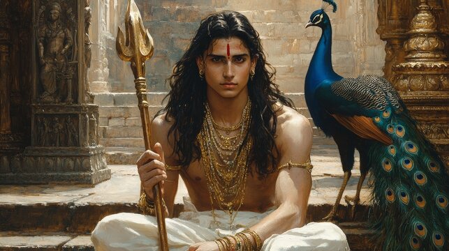 Divine Pose of Lord Muruga with Spear and Temple Backdrop