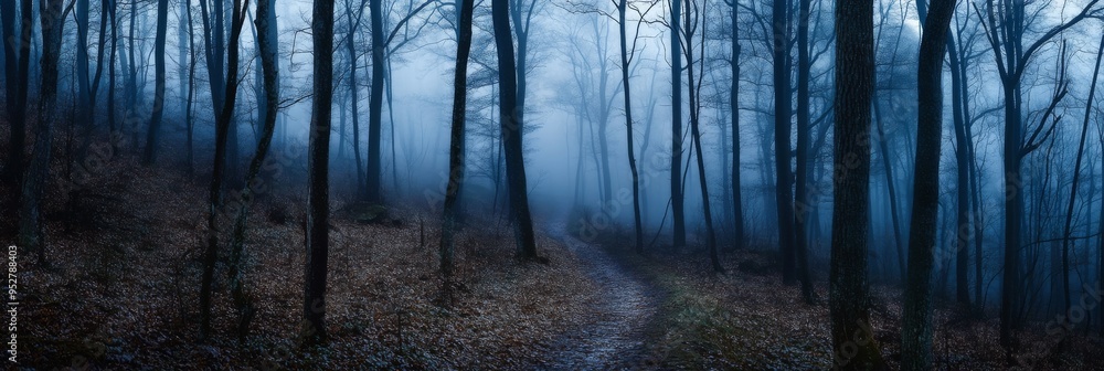 Poster a winding path illuminated by the moon cuts through a fog-laden forest of tall trees, creating an en