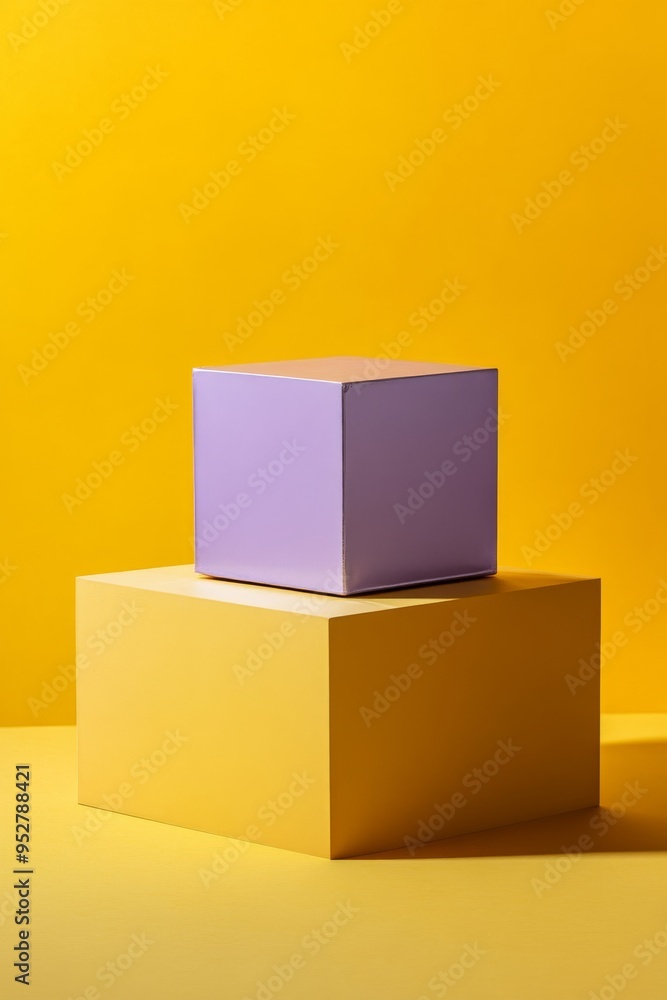 Poster a polished purple box is positioned on a larger yellow cube, set against a vibrant yellow background