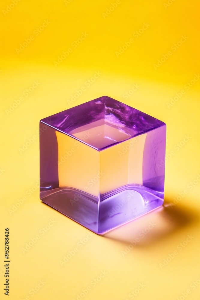 Poster a large polished purple cube rests on a vibrant yellow background, creating a striking visual contra