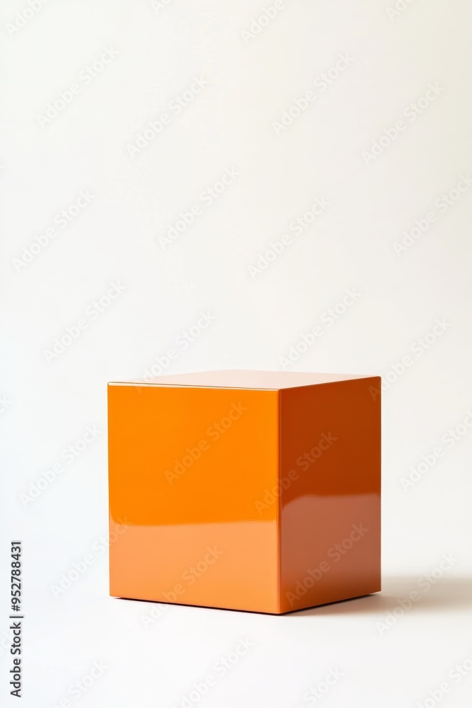 Poster a large orange cube sits in the center of a clean, white background, providing ample empty space for