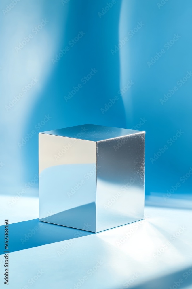 Poster a reflective metallic cube stands on a light blue background, creating visual interest with its shin