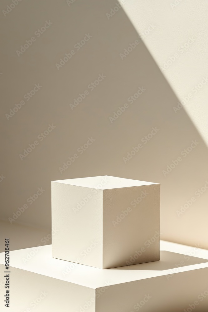 Poster a large white cube stands prominently on a bright surface, bathed in soft light, creating an invitin