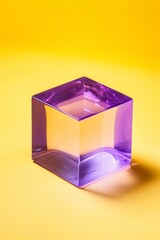 A large polished purple cube rests on a vibrant yellow background, creating a striking visual contrast. The empty space around it is perfect for adding text or graphics
