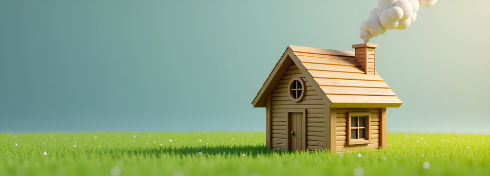 illustrazione di paesaggio primaverile con prato verde e piccola  casa in legno