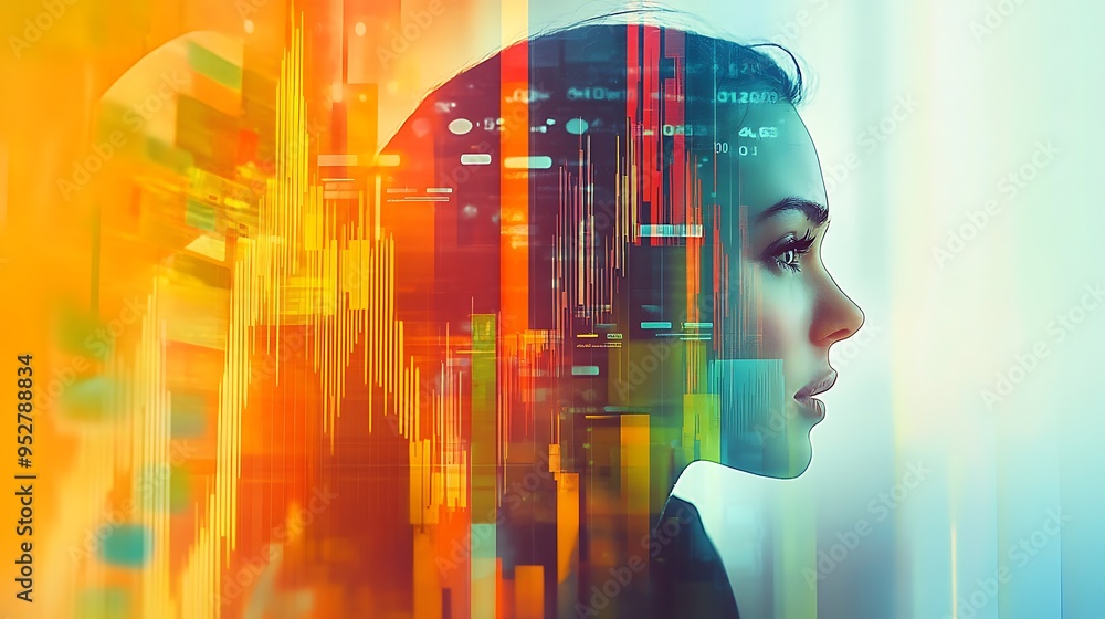 Poster abstract portrait with overlapping geometric shapes and numbers