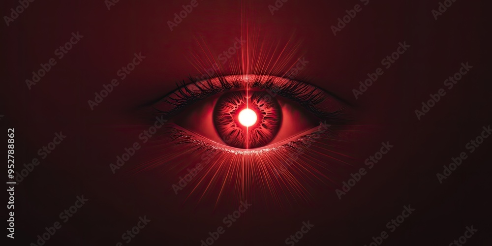 Wall mural An intense red eye glowing with a bright light reflects a mysterious atmosphere in a dark setting