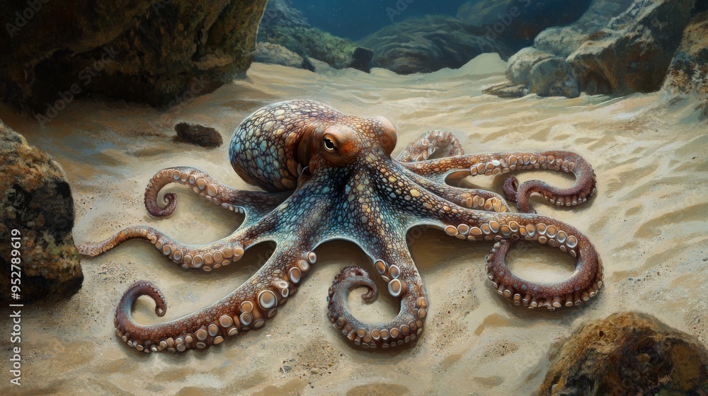 Poster Detailed image of a curious octopus exploring the ocean floor, with its intricate patterns and textures highlighted in a natural, sandy habitat.