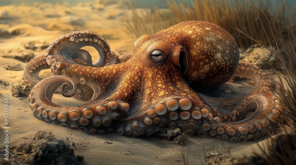 Poster Detailed image of a curious octopus exploring the ocean floor, with its intricate patterns and textures highlighted in a natural, sandy habitat.