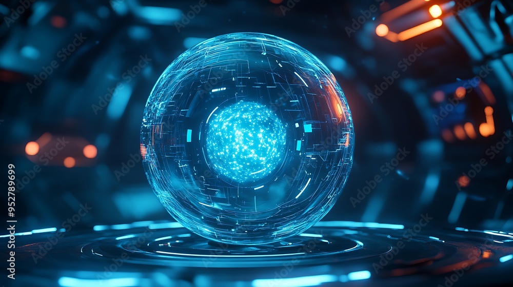 Poster glowing blue sphere with circuitry pattern inside