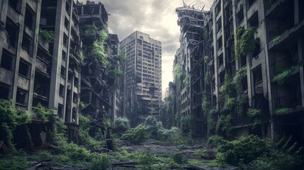 Obraz premium Abandoned city with vegetation overtaking crumbling structures in a post-apocalyptic setting Gritty and worn muted desaturated colors heavy textures detailed 3D architecture