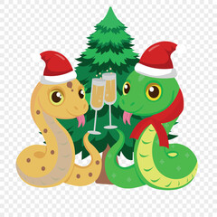 golden snake and green snake near the Christmas tree on a transparent background, with champagne