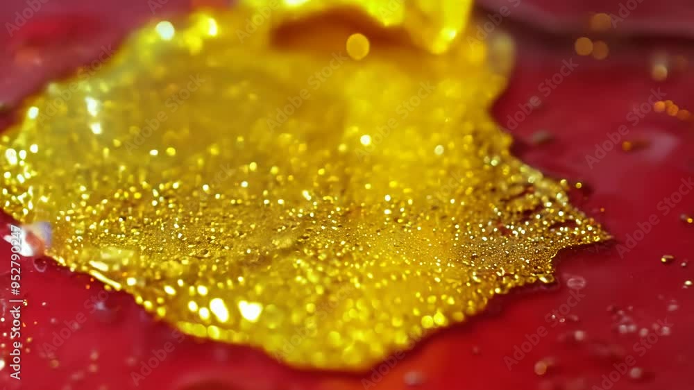 Aufkleber Dynamic drops of yellow glitter in red oil or ink diffusing through liquid, creating an abstract syrup swirls