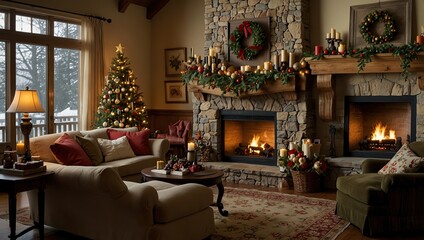 A pleasant living area with a burning fireplace, a Christmas tree that has been decorated, and a variety of holiday accents