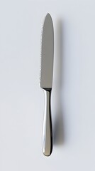 Stainless Steel Bread Knife with Precise Edge and Reflective Surface on White Background