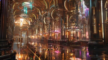 Fototapeta premium A stunning, opulent interior featuring intricate architecture, radiant lights, and reflective surfaces that create an immersive atmosphere.