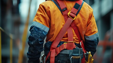 construction worker dressed in safety gear, including a reflective orange jacket and a harness, stands at a work site. The image emphasizes safety, professionalism, and the industrial environment.