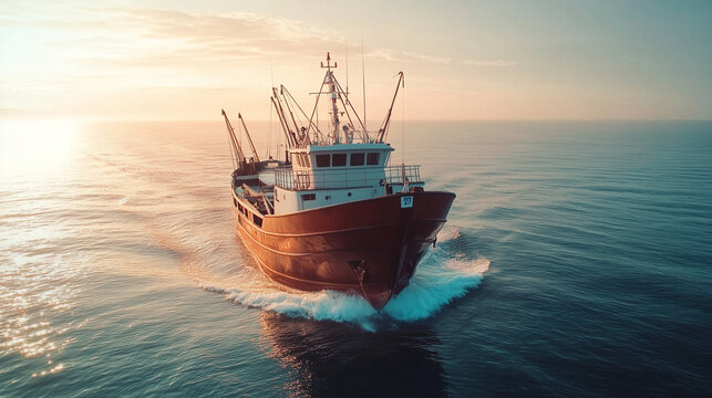 A commercial fishing trawler moves across a calm sea at dawn, leaving a small trail in the water