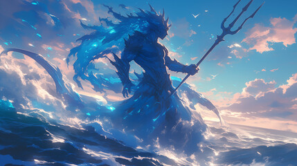 Obraz premium water elemental guardian rising from a river, towering presence amidst swirling mist, glowing eyes, body formed of cascading water and energy
