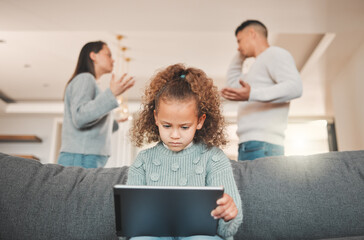 Girl, living room and parents argument with tablet, distraction and drama at home or apartment....