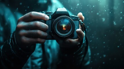  photographer capturing a moment with a camera in a dimly lit, moody environment, emphasizing the focus on the lens and the artistic pursuit of photography.