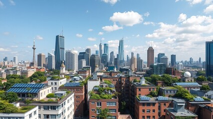 Fototapeta premium a mix of contemporary high-rises and historic buildings, framed by a bright blue sky with fluffy clouds. Green rooftops add a touch of nature to the urban landscape