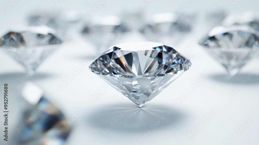 Poster Diamonds arranged in a geometric pattern on a white background, showcasing their precision cut and sparkling reflections in an elegant design