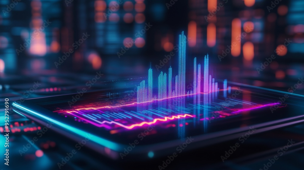 Aufkleber digital tablet with a futuristic holographic graph floating above, depicting a growing trend in tech
