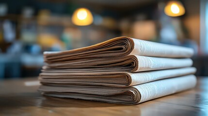  stack of neatly folded newspapers rests on a table in a cozy indoor setting with warm lighting, highlighting the importance of staying informed and up-to-date with the latest news.