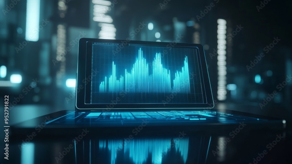 Aufkleber digital tablet with a futuristic holographic graph floating above, depicting a growing trend in tech
