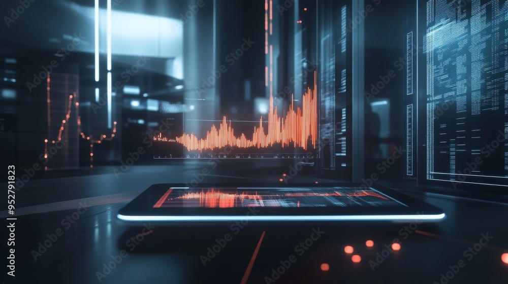 Aufkleber digital tablet with a futuristic holographic graph floating above, depicting a growing trend in tech