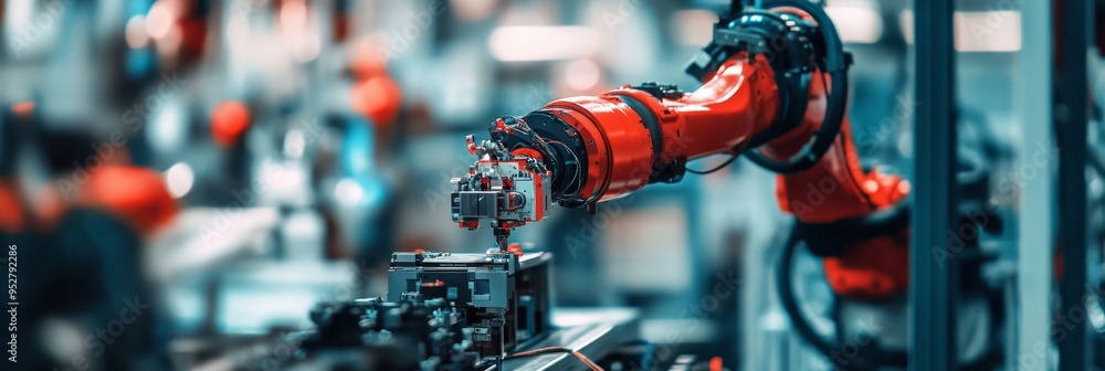 Poster a robotic arm is carefully handling components on an assembly line within a cutting-edge automotive 