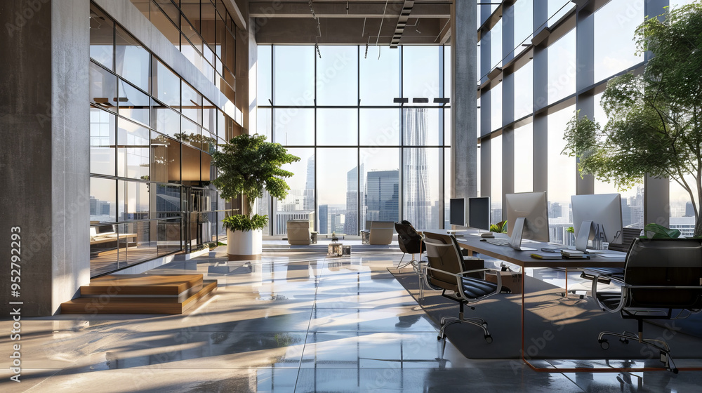 Poster a large open office space with a view of the city