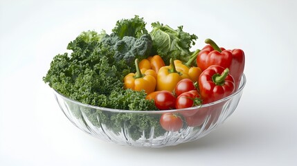 Vibrant Glass Bowl Filled with Fresh Produce on Minimalist White Background