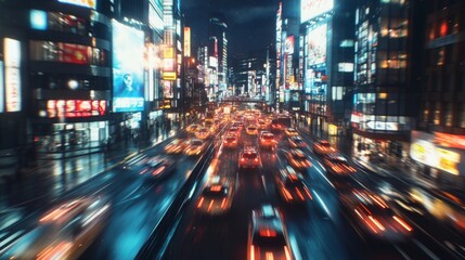 Obraz premium Dynamic shot of a busy urban street with moving traffic and illuminated billboards, capturing the energy and vibrancy of a city at night.