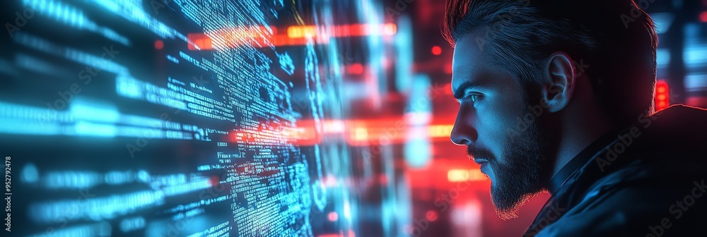 Poster the hacker focuses intently on lines of code illuminated by neon lights, set against a glowing backd