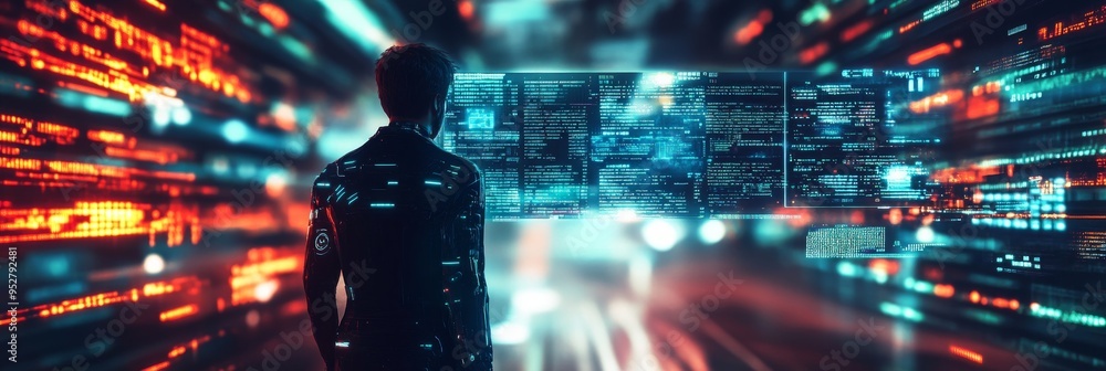 Poster a cyberpunk hacker stands against a neon-lit backdrop, analyzing dynamic data streams in a vibrant, 