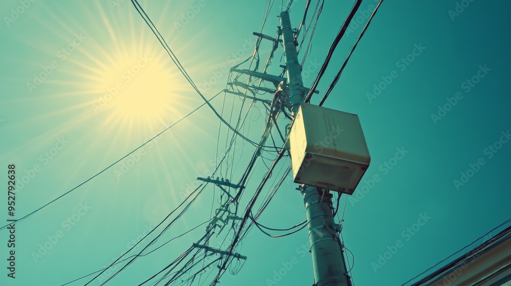 Poster Electric pole with a transformer box, wires extending in all directions, set against a bright, cloudless sky. The scene captures the complexity of urban infrastructure.