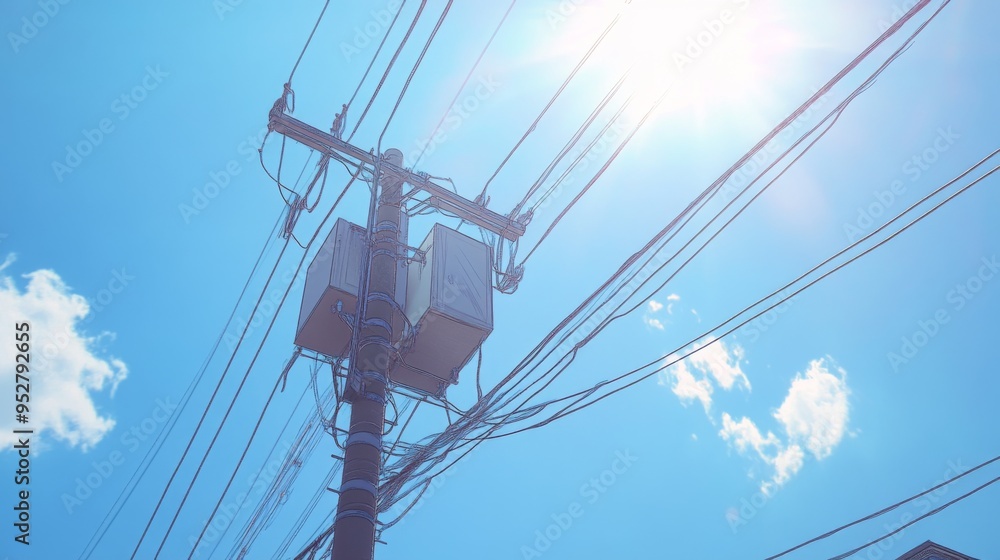 Poster Electric pole with a transformer box, wires extending in all directions, set against a bright, cloudless sky. The scene captures the complexity of urban infrastructure.