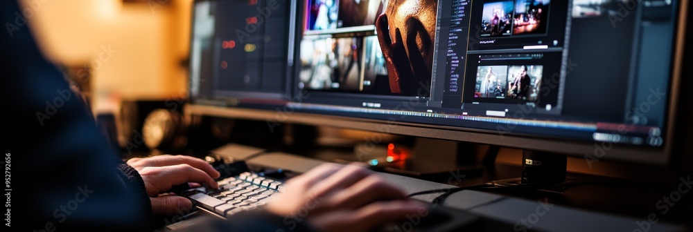 Poster an editor is intensely focused on their work, skillfully navigating through dual monitors filled wit
