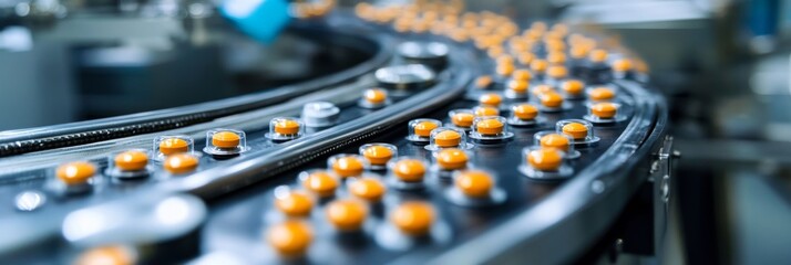 Obraz premium The detailed production process reveals orange capsules circulating on a conveyor belt, showcasing the high standards and accuracy in pharmaceutical manufacturing