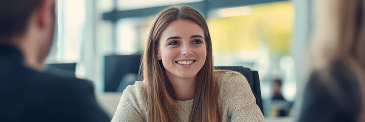 A confident female manager engages in a job interview with a candidate in a sleek, contemporary office environment, creating a professional atmosphere